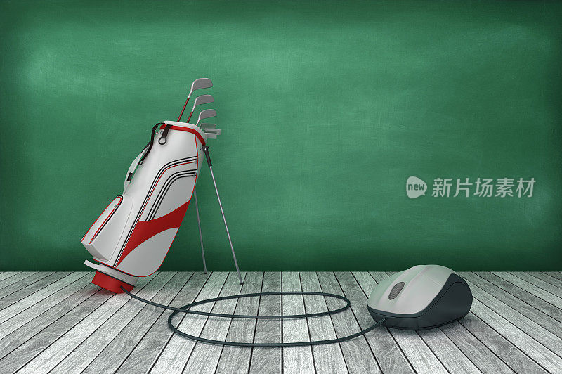 高尔夫球袋与电脑鼠标在黑板上- 3D渲染